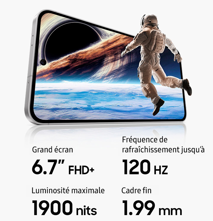 A slightly rotated Galaxy S24 FE is seen from the front. The screen displays an astronaut floating in space with a planet and colorful nebula in the background. Text reads Large screen 6.7 inch FHD+, Refresh rate up to 120 Hz, Peak brightness 1900 nits, Slim bezel 1.99 mm.