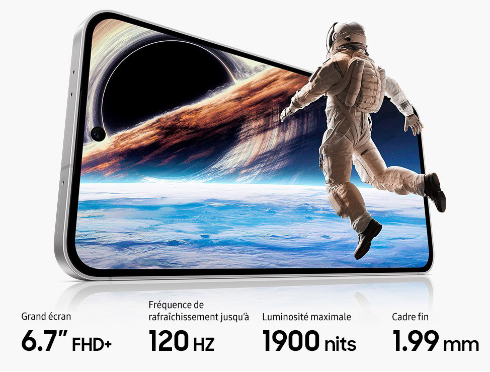 A slightly rotated Galaxy S24 FE is seen from the front. The screen displays an astronaut floating in space with a planet and colorful nebula in the background. Text reads Large screen 6.7 inch FHD+, Refresh rate up to 120 Hz, Peak brightness 1900 nits, Slim bezel 1.99 mm.