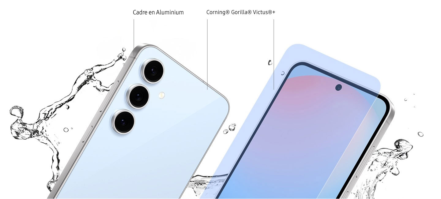 Two Galaxy S24 FE devices are shown next to each other. One is angled to show its rear and side labeled ALUMINUM FRAME. The other shows its front with a hovering display film labeled Corning® Gorilla® Glass Victus®+. Splashes of water are surrounding the two devices. Samsung Care+ logo.