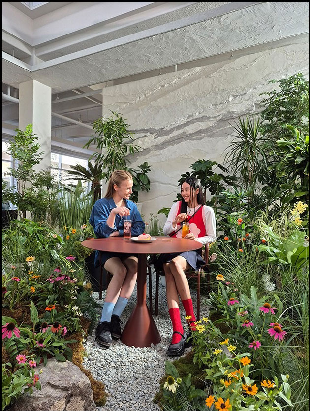 A photo of two people sitting together at a table surrounded by vibrant indoor plants and flowers. Text reads Captured by Galaxy S24 FE #withGalaxy.