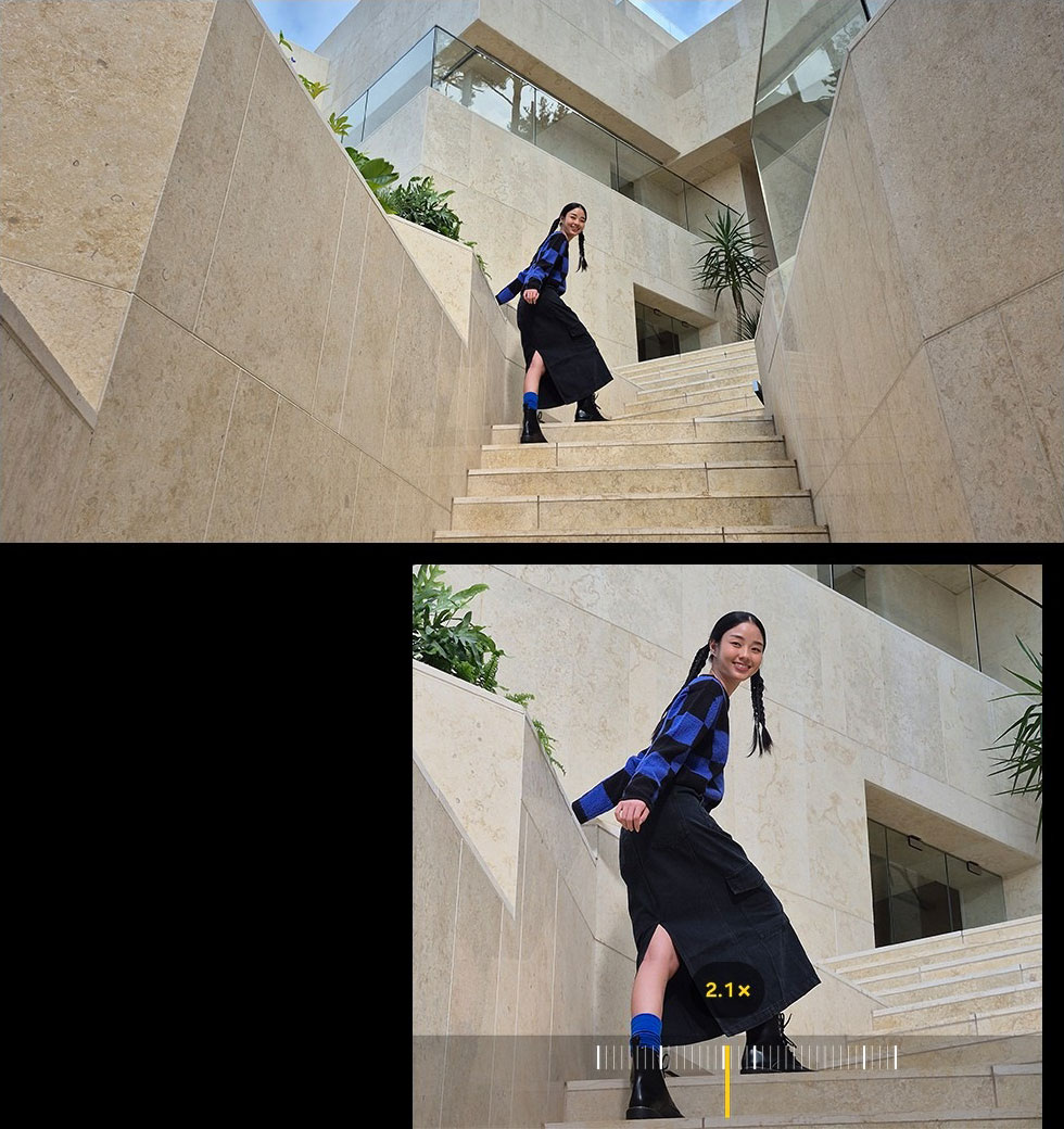 A photo of a woman standing on a staircase. Below, a zoomed-in photo shows the same woman with the staircase appearing larger. Text reads Captured by Galaxy S24 FE #withGalaxy.