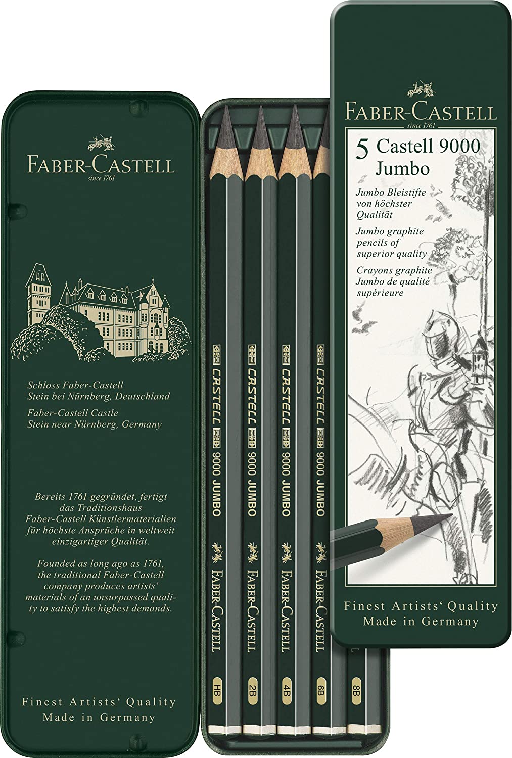 Crayons graphite Castell 9000 Jumbo, boîte métal de 5