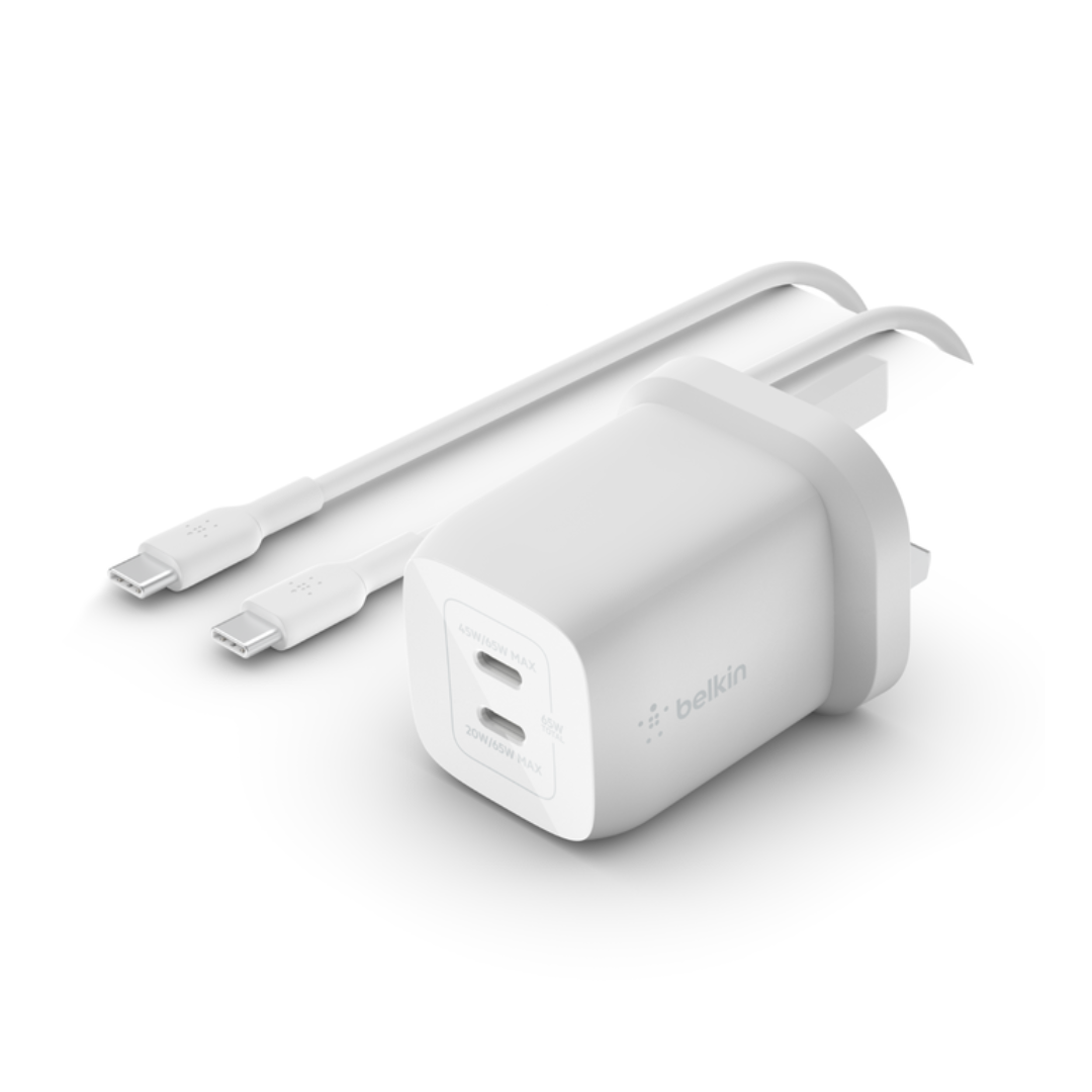 Chargeur secteur BoostCharge Pro double port USB-C GaN avec PPS 65 W et câble USB-C vers USB-C