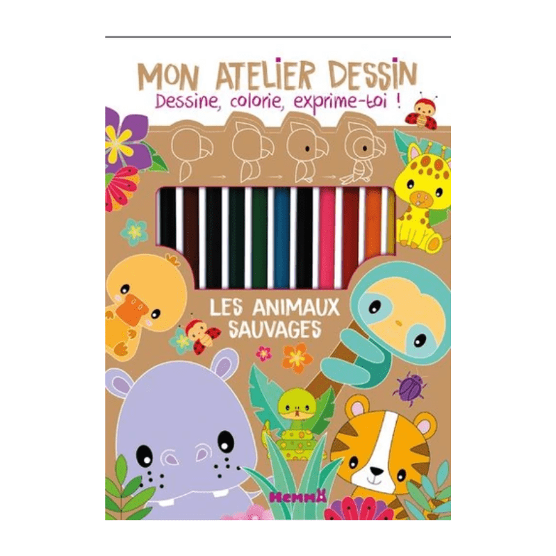 Mon atelier dessin Les animaux sauvages - Avec 1 bloc créatif et accessoires