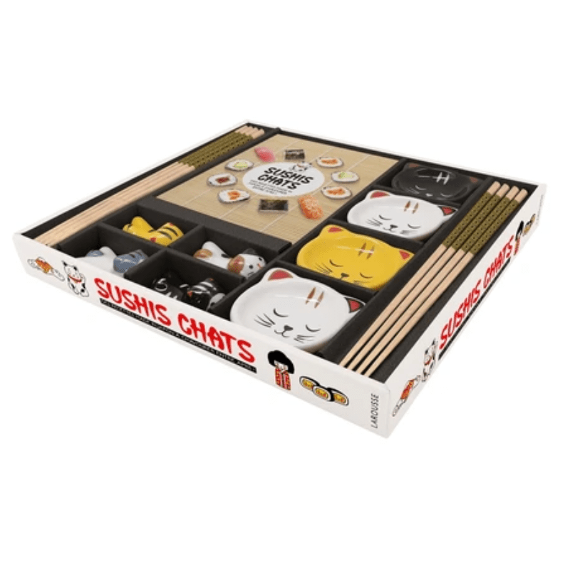 Coffret Sushis chats - Avec 4 coupelles, 4 repose-baguettes, 4 paires de baguettes et 1 livret de recettes