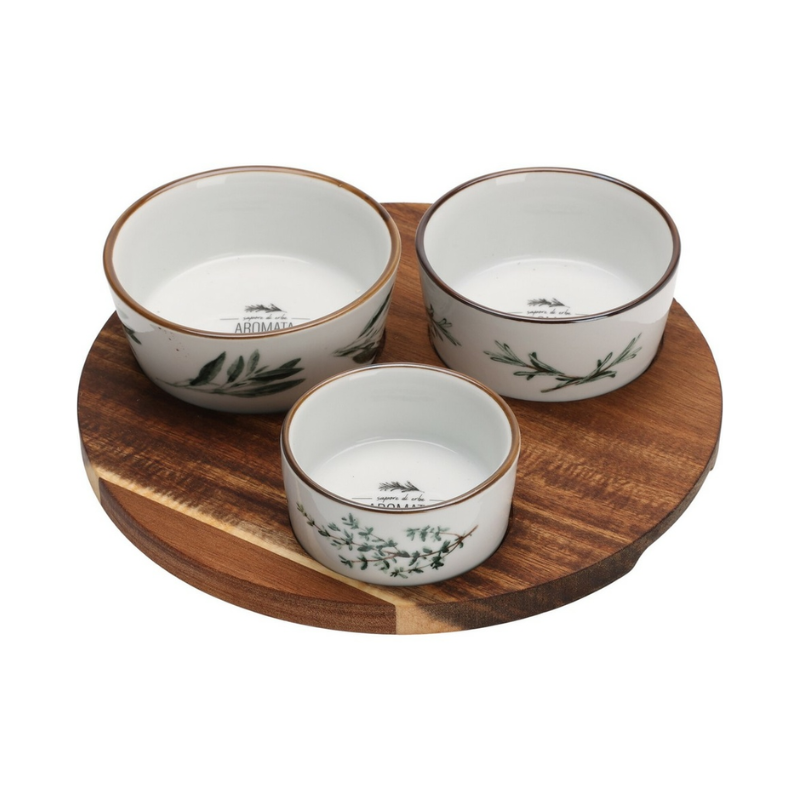 Ensemble Apéritif – 3 bols + support rond en bois