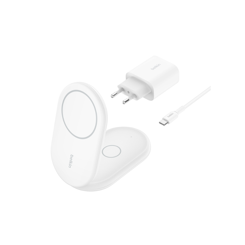 Socle de recharge BoostCharge 2-en-1 aimanté et pliable avec Qi2 15 W - Blanc