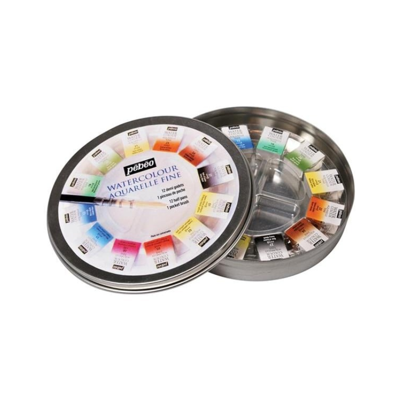 Coffret en métal - 12 demi godets d'aquarelle fine