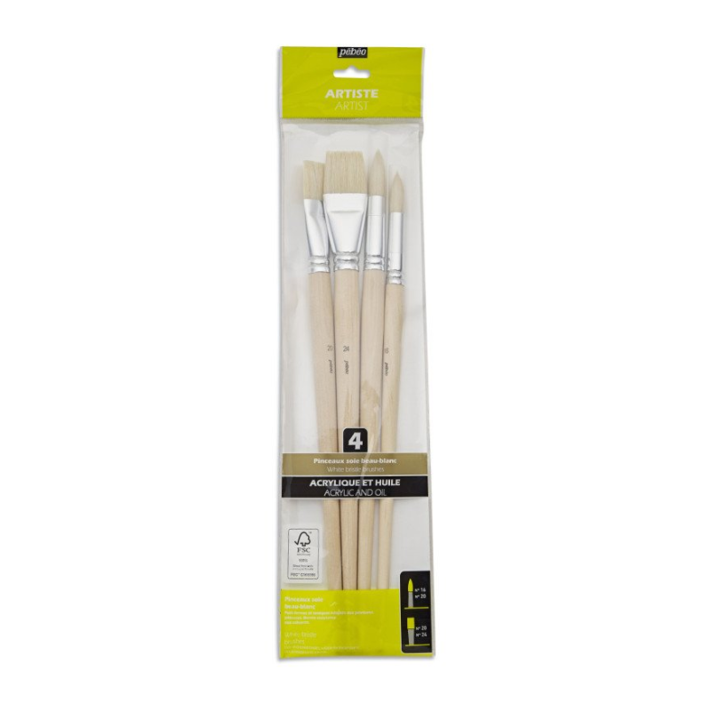 Set de 4 pinceaux manches longs en soies beau-blanc