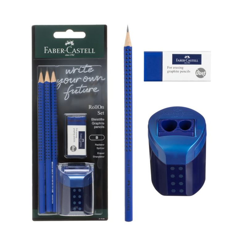 Set d'écriture RollOn – 3 Crayons + Gomme + Taille-crayon - Bleu