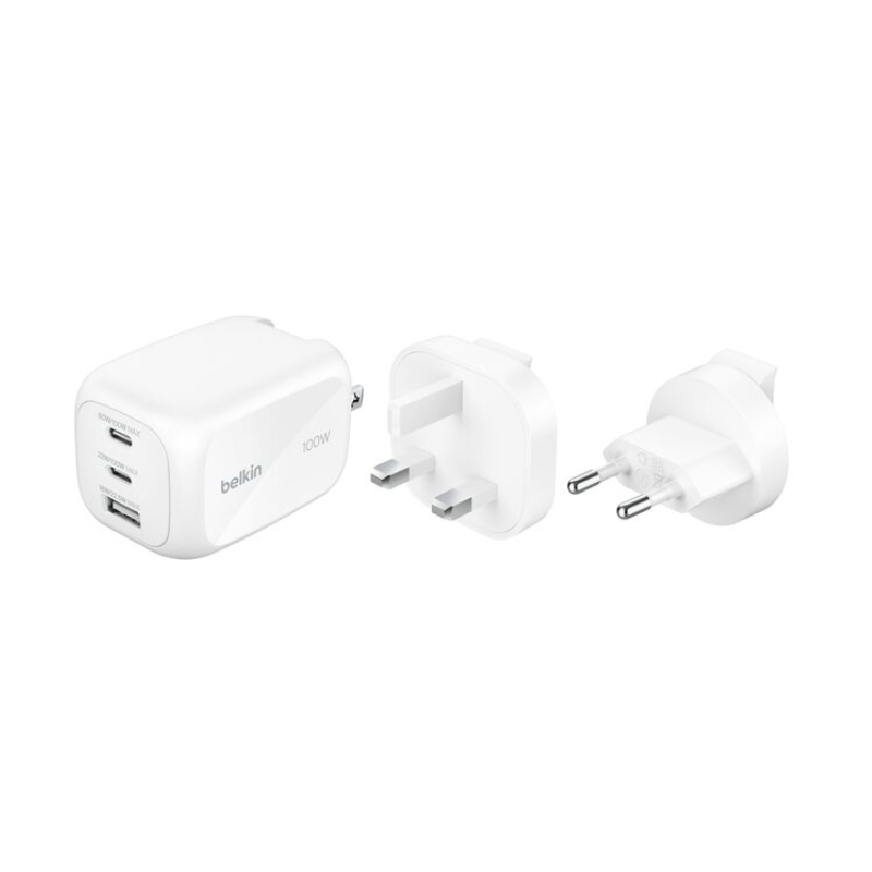 Chargeur mural GaN 3 ports 100 W + kit adaptateur de voyage - Blanc